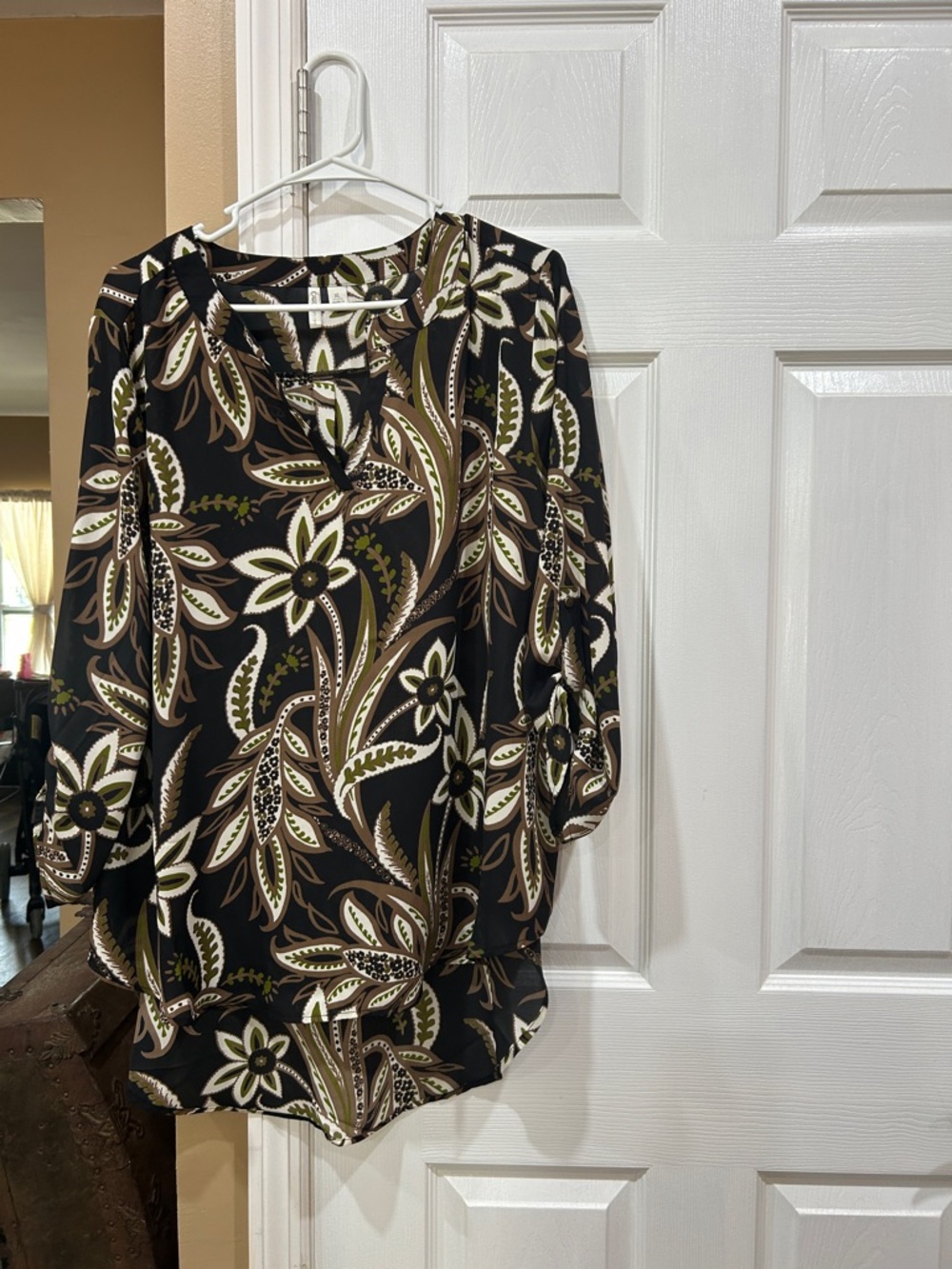 Cato Black Floral V-Neck Blouse with Olive and Cream Accents